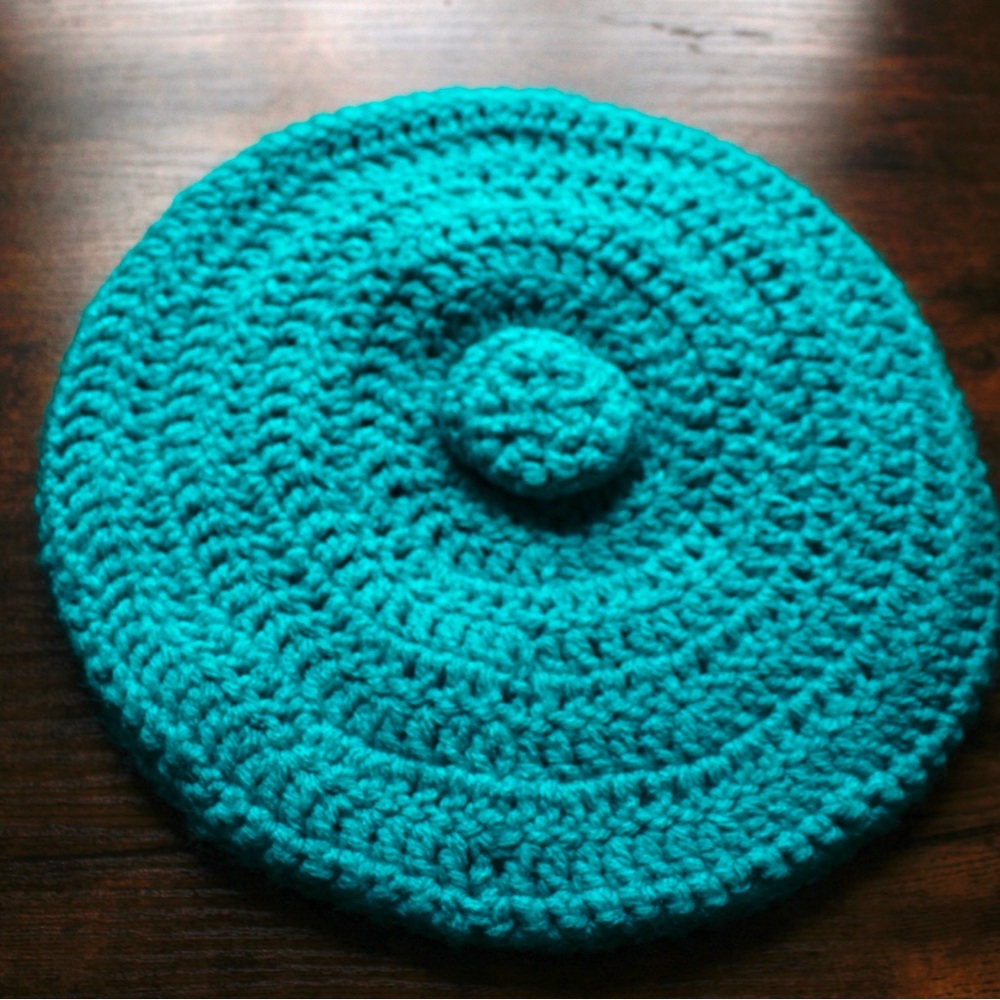 Handmade Teal Turquoise Hand Knit Crochet Beret Hat OS